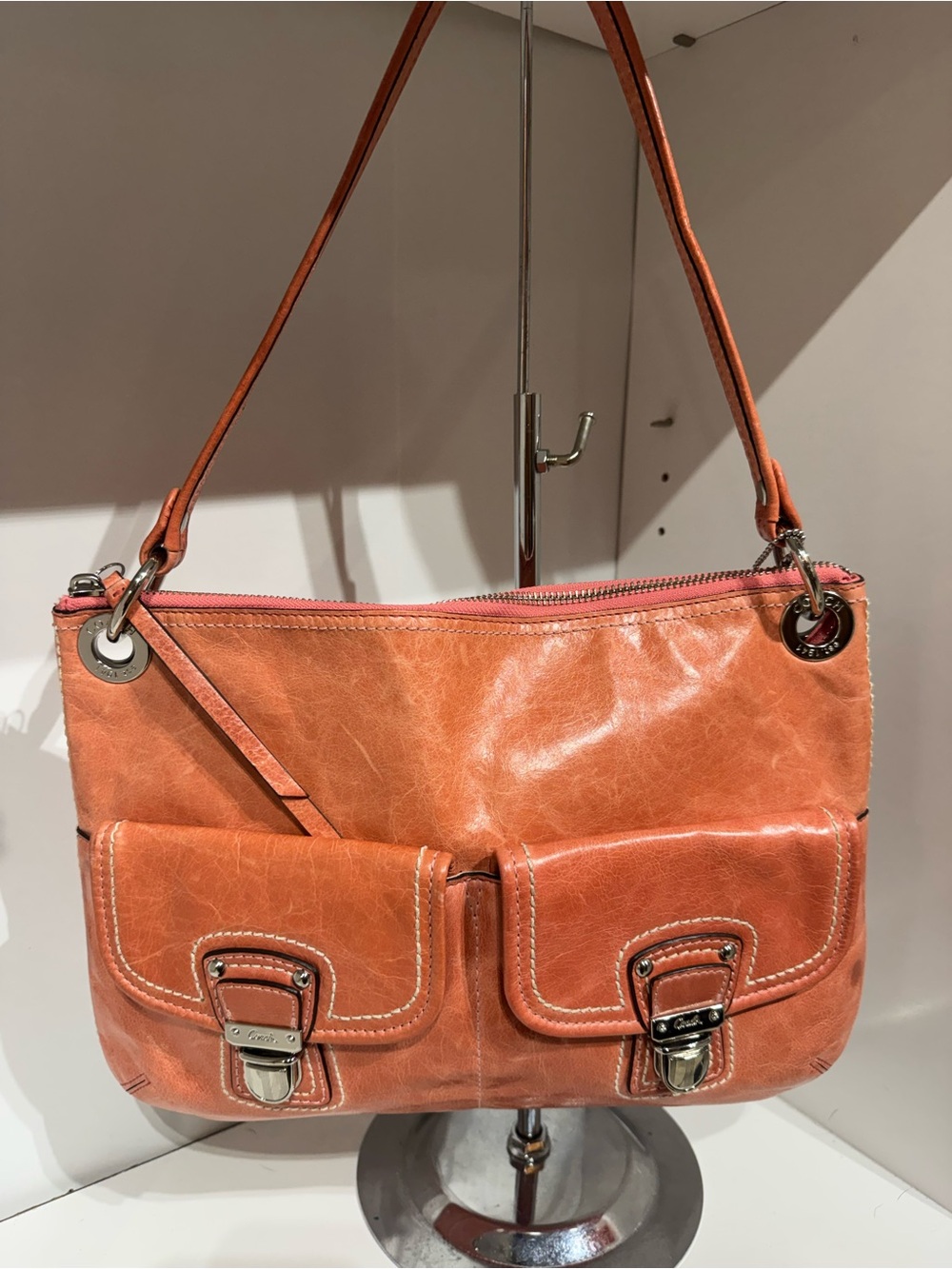 Coach y2k Orange Leather Shoulder Bag with Front Buckle Pockets